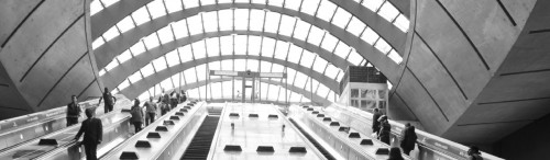 An expansive escalator at a major city railway station