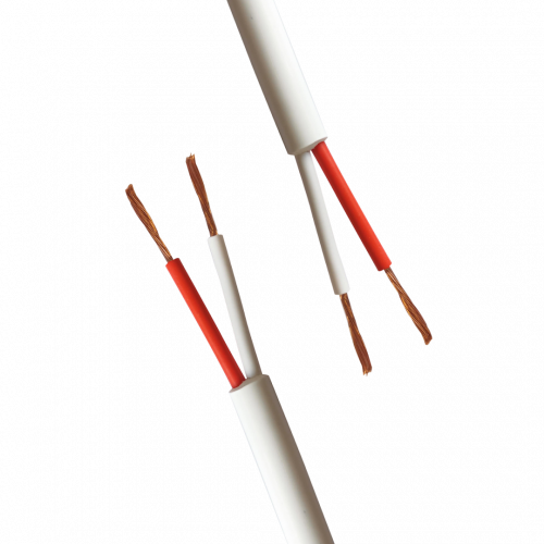 Two pieces of white cable with white and red wiring exposed